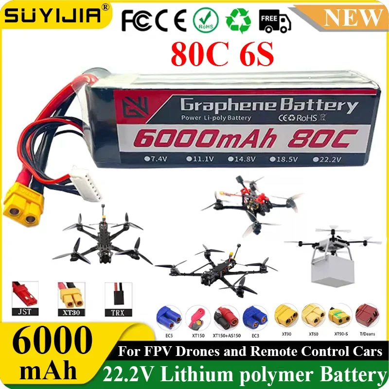 22.2V 6000mAh 80C 6S Li-polymer Battery XT60 XT30 for Remote Control Cars Airplanes Ship Models Off-road Vehicles Racing Models