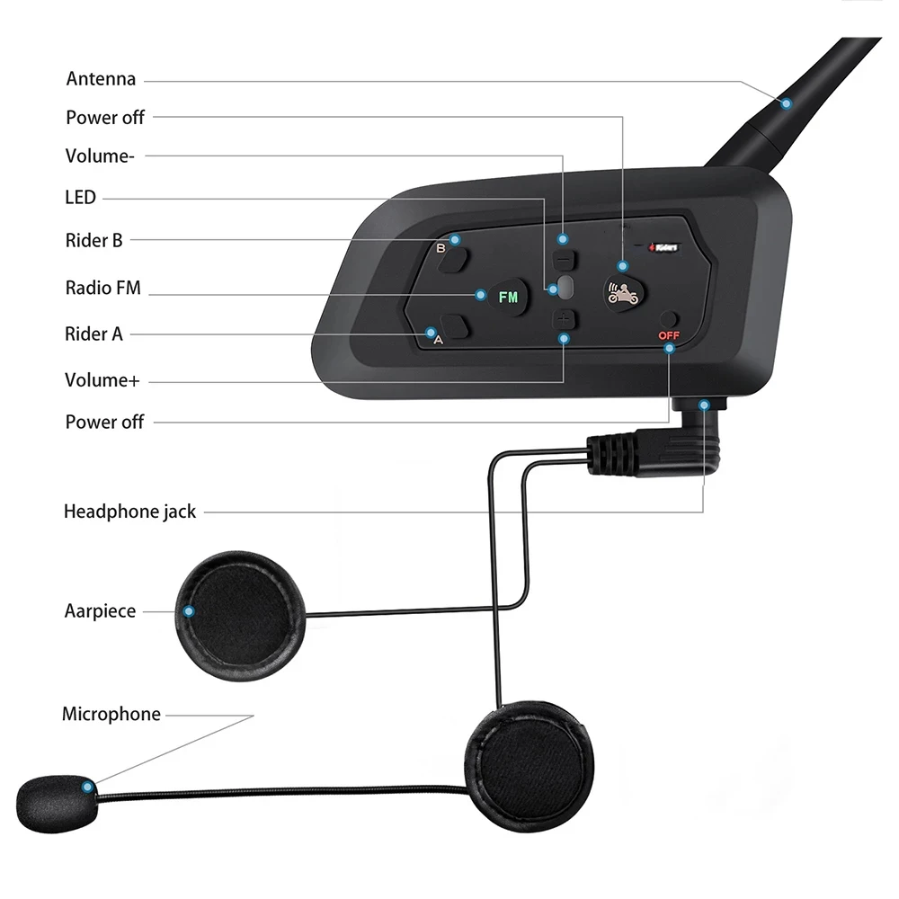 V4 Motorcycle Bluetooth-compatible Interphone Headset Helmet Intercom 1200M Duplex Talking FM Radio Moto Communicator