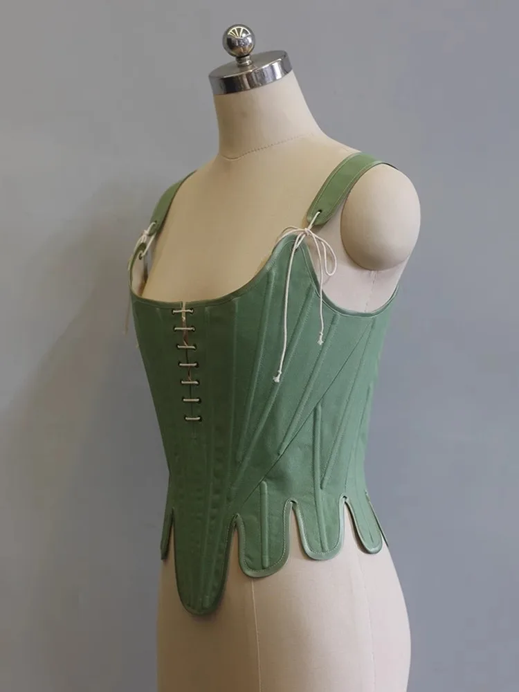 82-94cm Bust Green Corset Women Vintage Elegant Adjustable Fishbone Corset With Front Open Back Lace-Up Cotton Linen Corset Tops