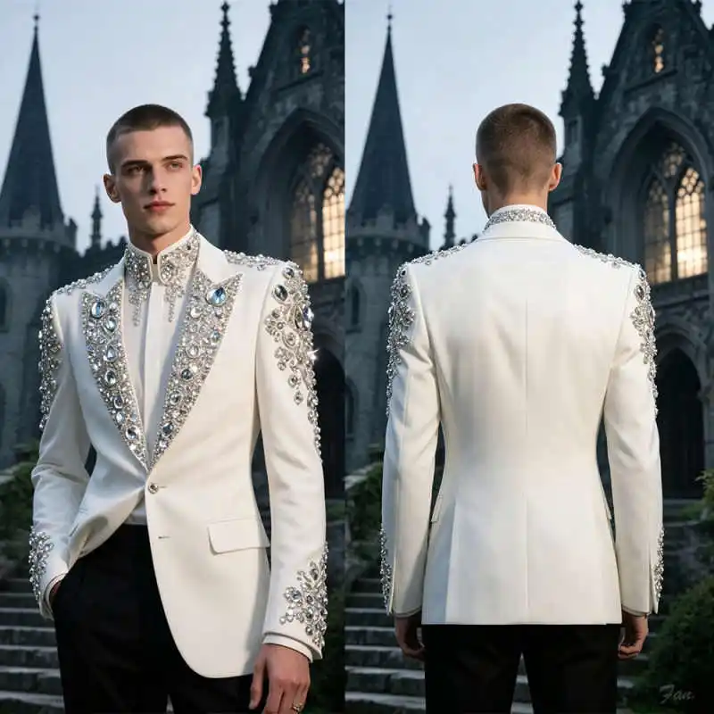 Rhinestone Men Suits 2 Pieces Male Big Diamond Prom Blazer Slim Groom Wedding Tuxedos Customized hombre