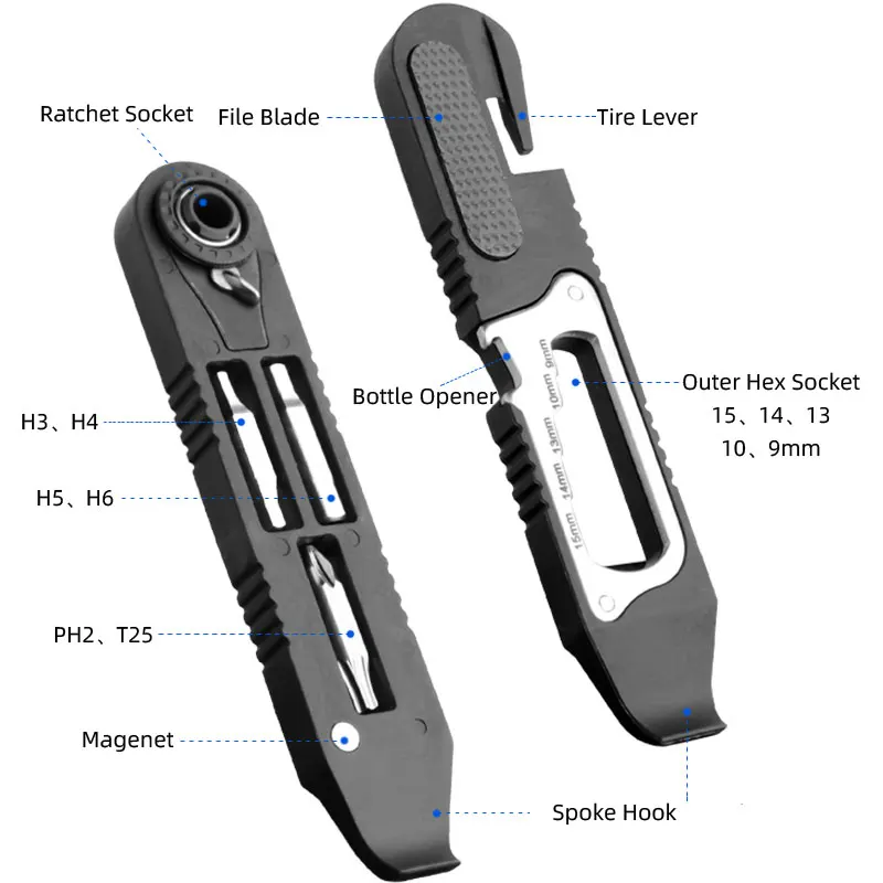 High-Strength Nylon Bicycle Multi-tools Inner Hexagon Wrench M3/M4/M5/M6 Cross Spanner PH2 Tire Lever 15 Functions In One Tool