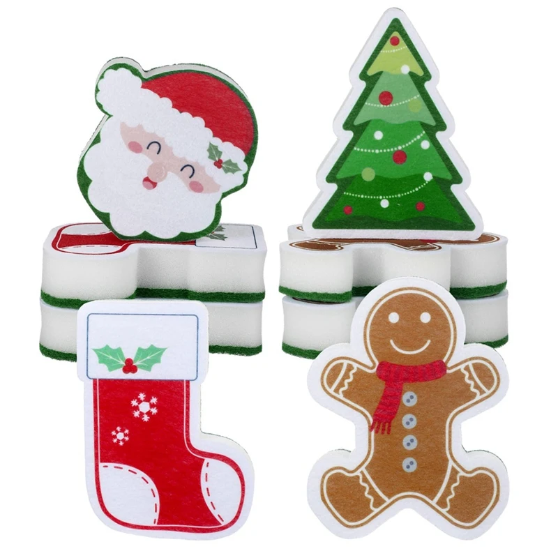 8 PCS Christmas Sponges Kitchen Dual Sided Dish Sponges As Shown Sponge For Washing Dishes Santa Christmas Tree Gingerbread Man