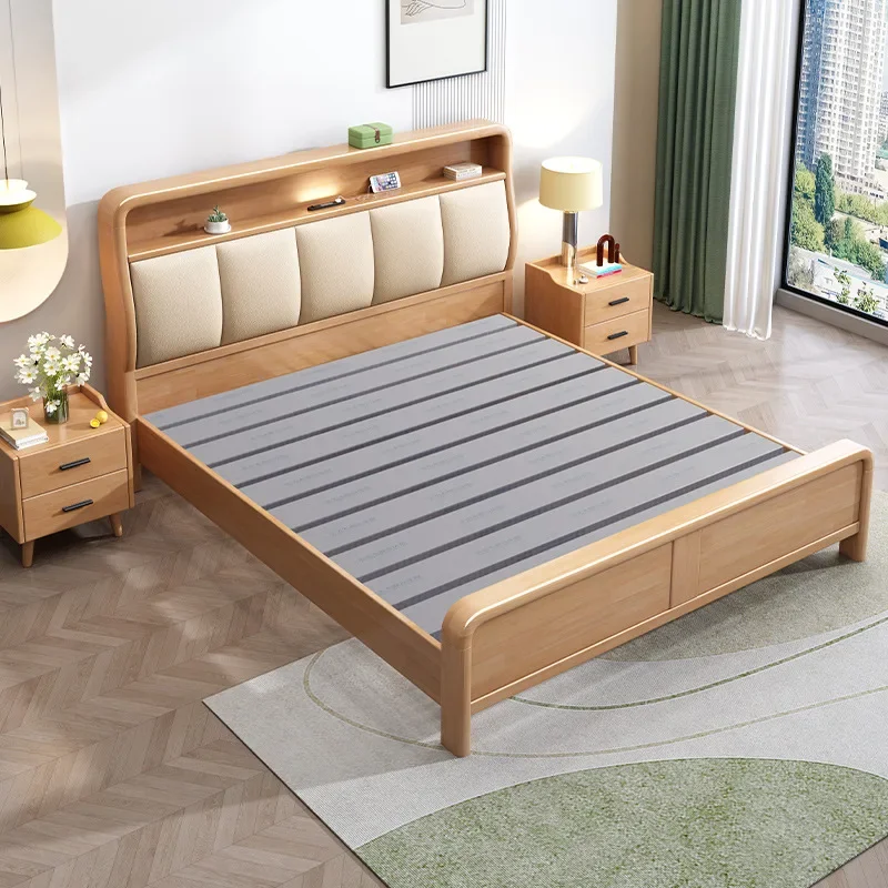 Solid wood bed 1.5 meters double bed 1 meters 8 bedrooms Nordic simple small apartment household soft bed