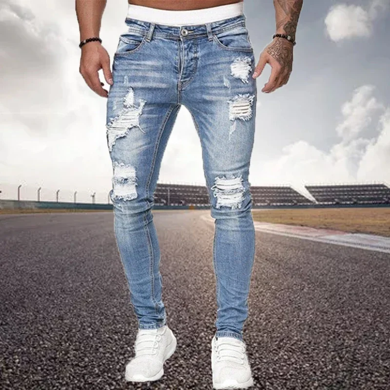 Mens Ripped Skinny Jeans Blue Slim Fit Hole Pencil Pants Biker Casual Trousers Streetwear 2020 High Quality Denim Man Clothing