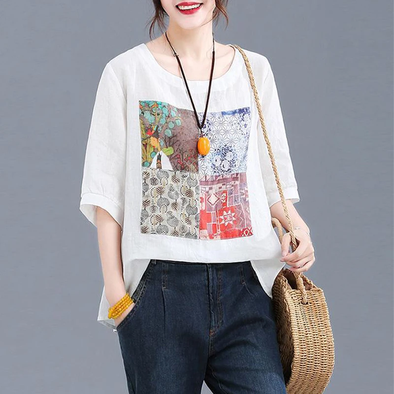 Women Vintage Print Bow Oversized Cotton Linen Blouse Summer Simple Casual Short Sleeve Shirt All Match Comfortable Tops Blusas