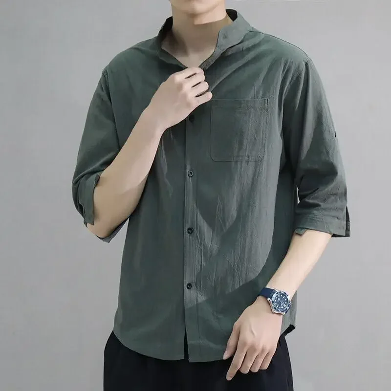

Male Shirts Green with Pocket Linen Plain Half Sleeve High Quality Luxury Casual Normal Korean Style Elegant Vintage Men's Shirt