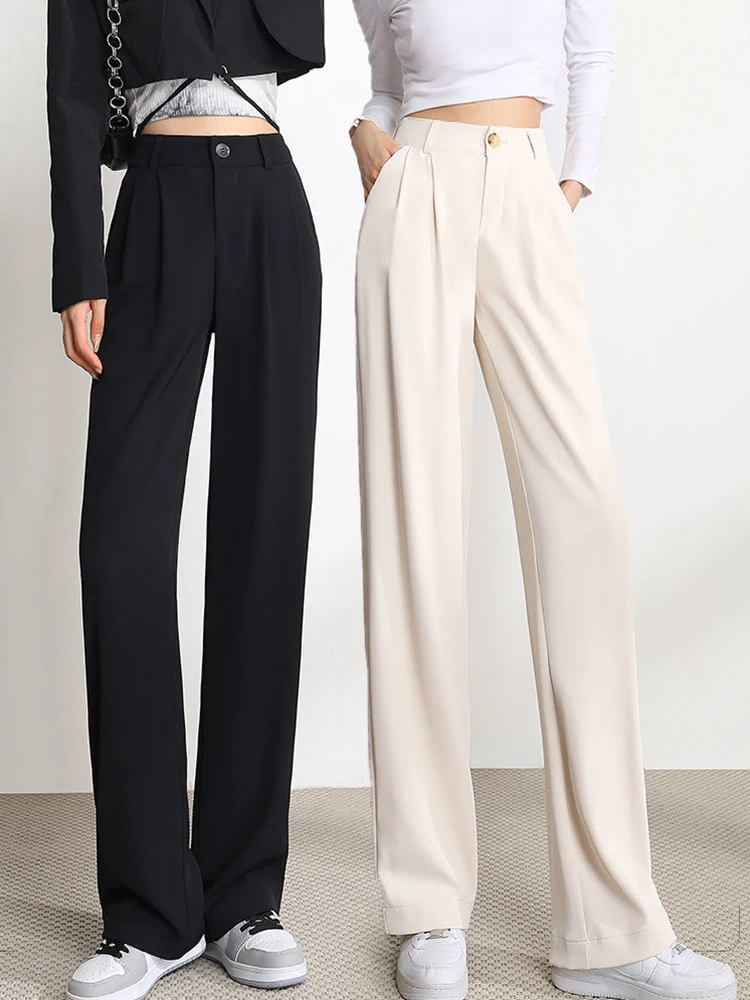 

JMPRS Casual Summer Suit Pants Loose Elastic High Waist Fashion Button Wide-leg Trousers Black Korean Fall Ladies Pants New