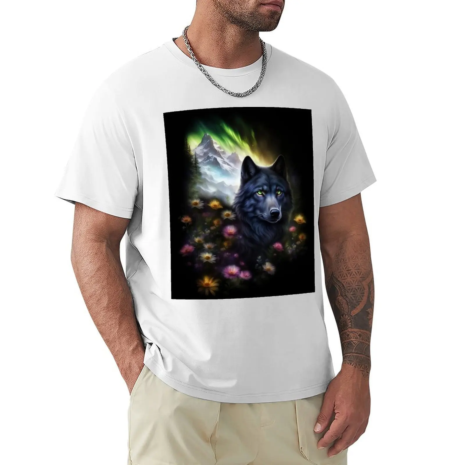Black Wolf Spring Flowers and Northern Lights T-Shirt customs blacks big and tall t shirts for men