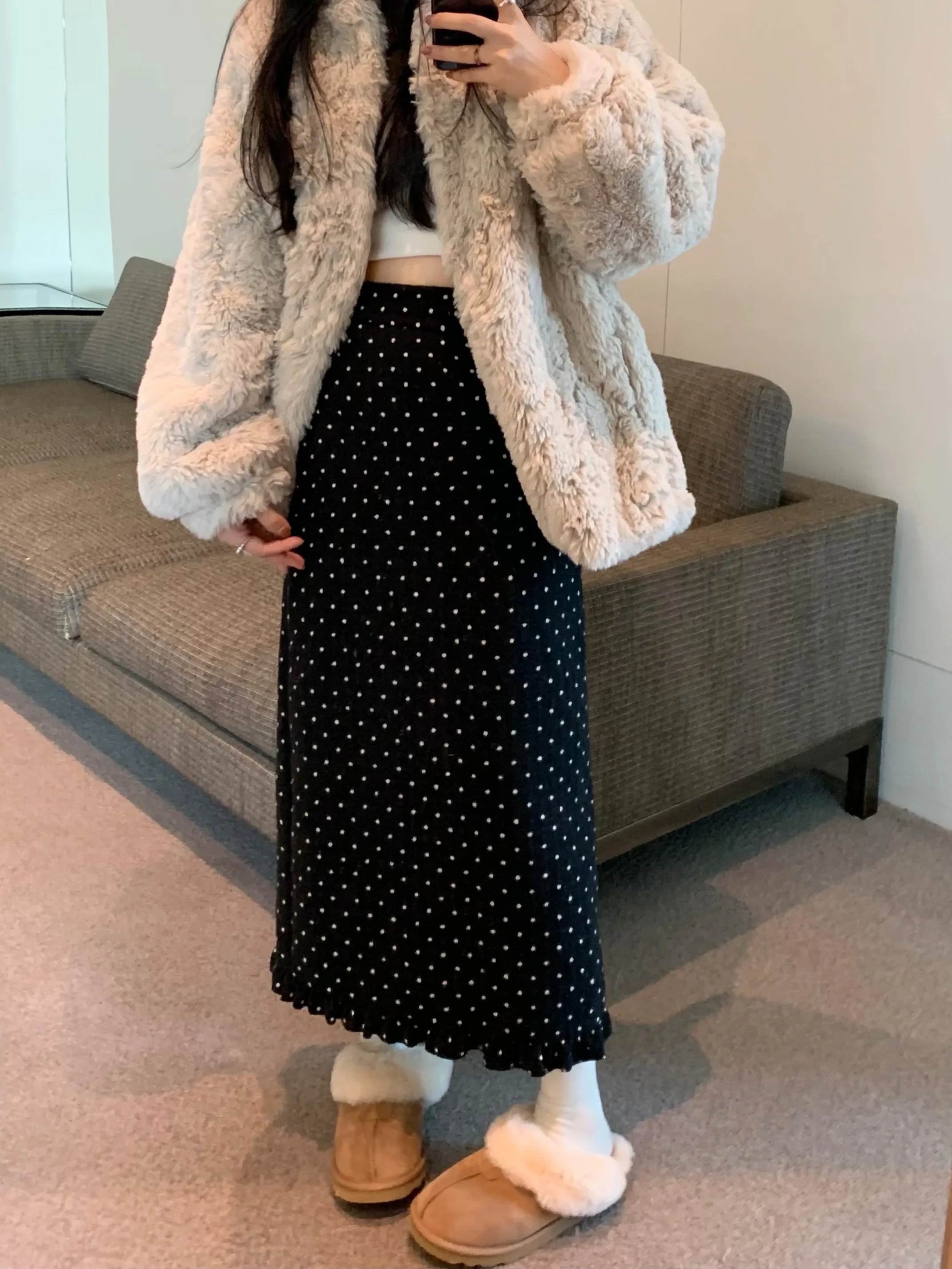 레트로 폴카 도트 니트 스커트 하이 웨이스트 스트레이트 컷 여성용 겨울 신상 슬림 미디 길이 바디콘 스커트
