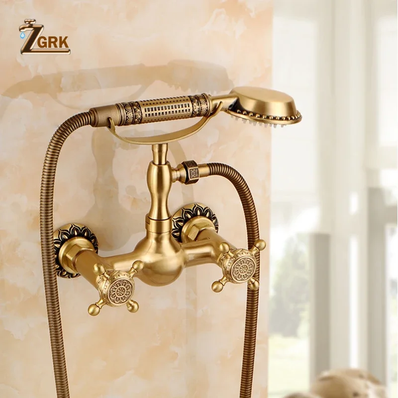 ZGRK Antique Brass Shower Faucet Single Handle Wall Mounted Bathroom Shower Mixer Tap Crane With Hand Shower Head Faucet Set