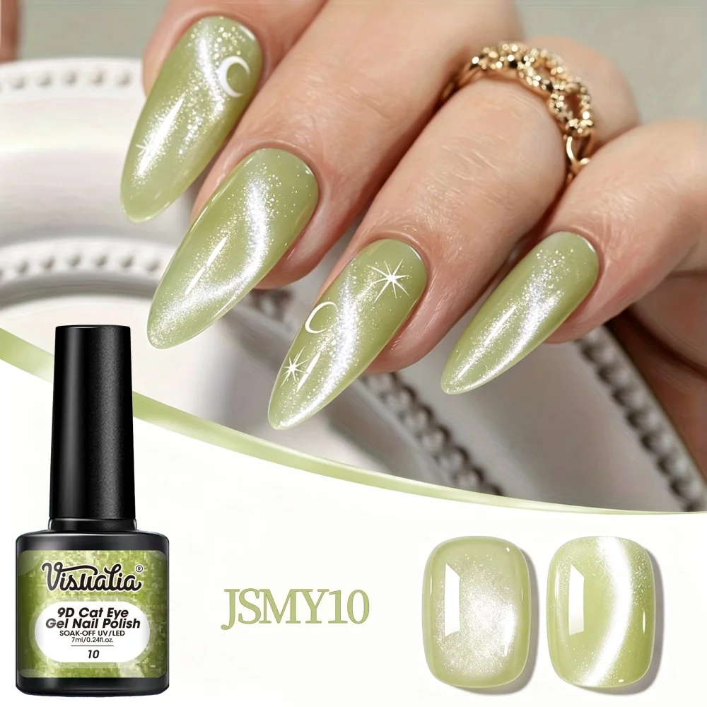 Visuatia 9D Cat Eye Gel Polish, light bean green translucent magnetic cat eye, removable UV LED gel, applies smoothly without dripping, the finished product is clear and sparkling, with high durability, suitable for both professional nail salons and beginners' home DIY, creating trendy cat eye nail art designs.