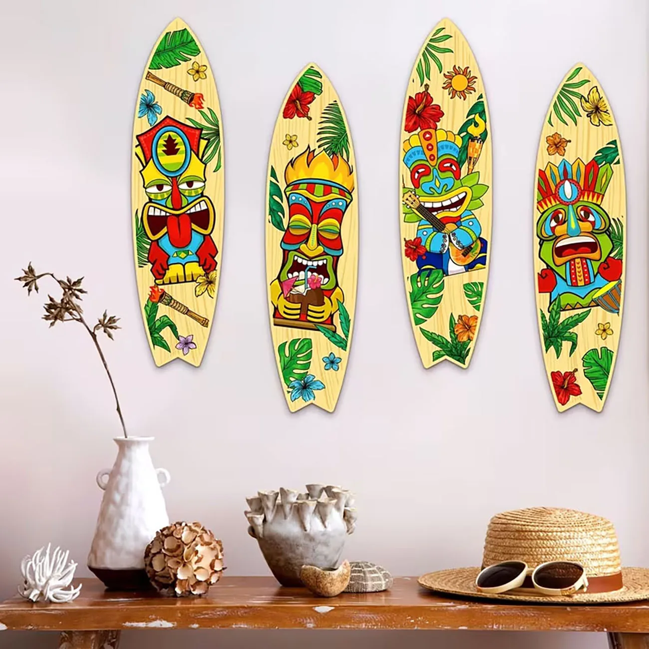 4Pcs Tiki Mask Surfboard Wooden Wall Decor with Nano Tape, Hawaiian Wall Art