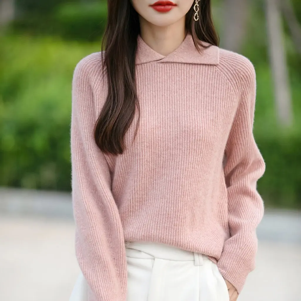 

Design Sense Women's POLO Collar Sweater Loose Fit Autumn Winter Casual Top Thickened Base Layer Lapel Style