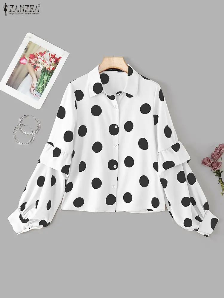 قمصان أنيقة منقطة من ZANZEA بلوزة أنيقة للخريف بأكمام طويلة وفانوس 2025 بلوزات نسائية برقبة على شكل طية صدر السترة OL بلوزات نسائية للعمل