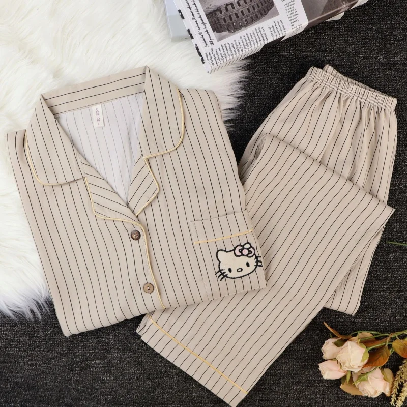 

​ ​ Новый полосатый пижамный комплект с вышивкой «Hello Kitty» для женщин, домашняя одежда с длинными рукавами на осень-зиму, милая домашняя одежда с героями мультфильмов