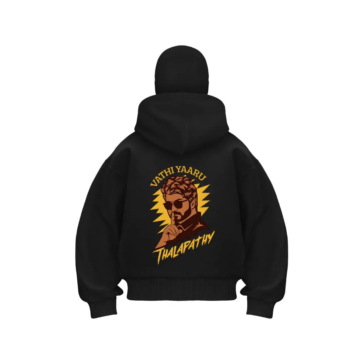 

Vathi Yaaru Thalapathy Stylized Portrait Bold Graphic Мужская чистая универсальная толстовка с капюшоном с двойным капюшоном