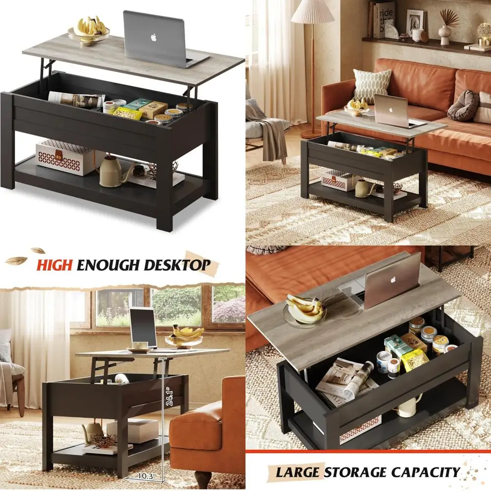 

Lift-Top Coffee Table with Hidden Storage Shelf, 39 for Living Room, Greige Finish, Modern Space-Saving Furniture