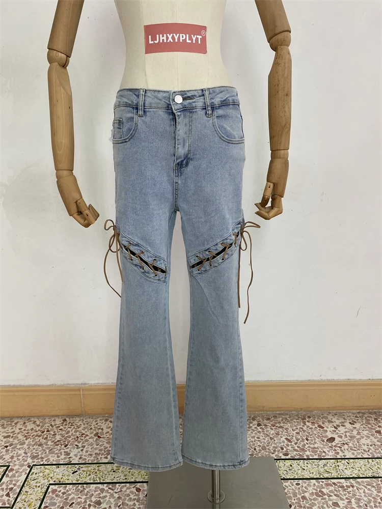 

Женские узкие расклешенные брюки с открытыми ремнями, модные крутые уличные брюки с высокой талией для девочек, женские винтажные джинсовые брюки