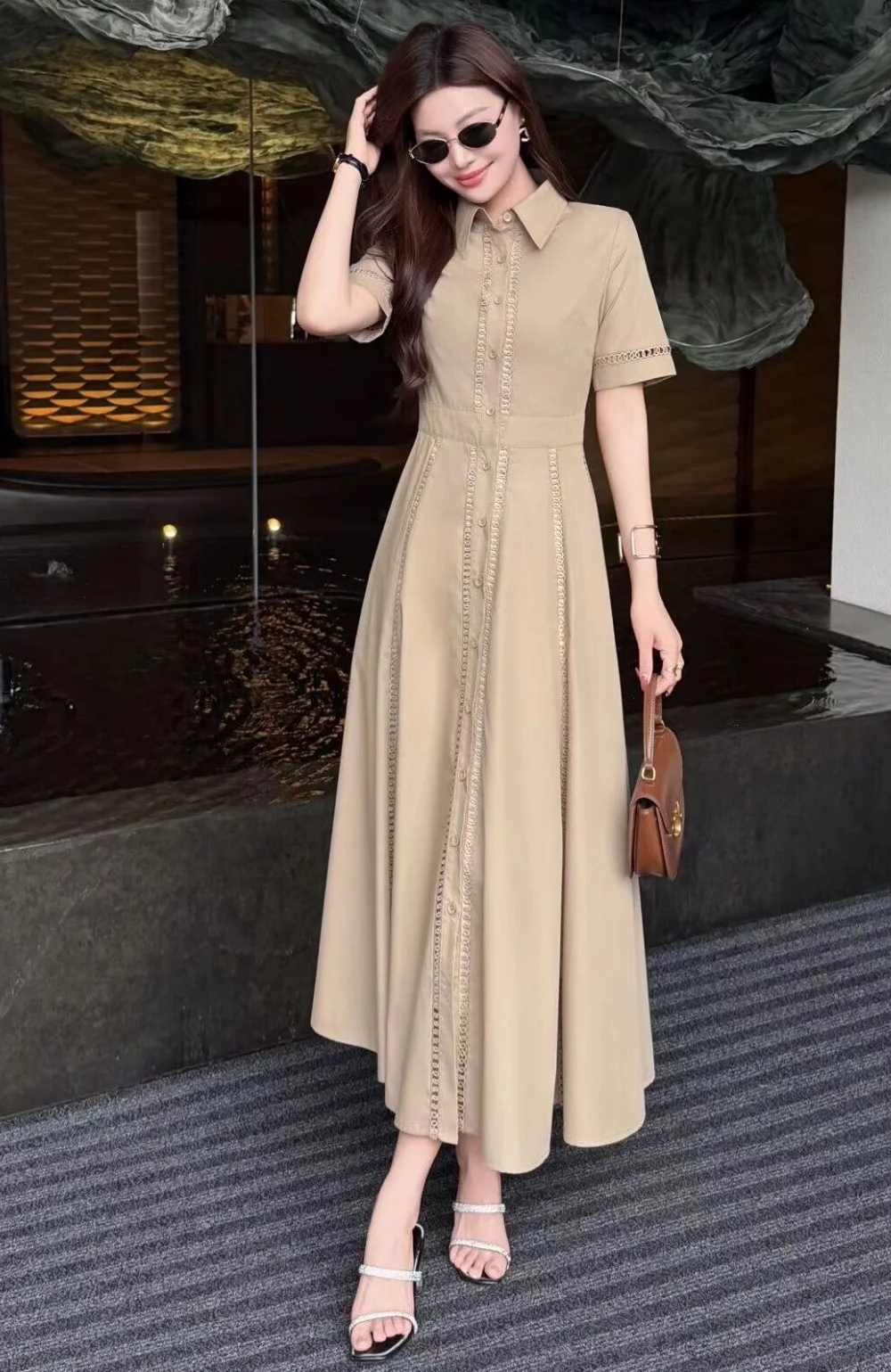 Top Quality New Summer Dress 2026 Fashion Style Lady Turn-down Collar Hollow Out Embroidery Short Sleeve Dark Blue Khaki Dress