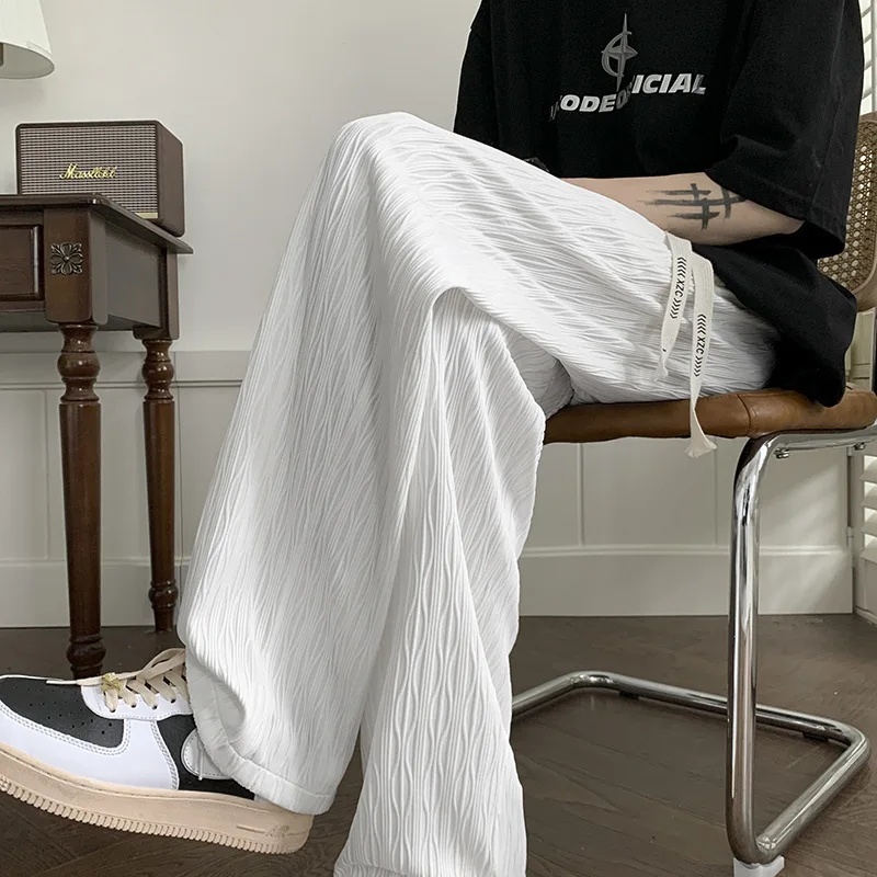 질감이 있는 트렌디 브랜드 루즈 스트레이트 와이드 레그 팬츠 새로운 스타일 남성 캐주얼 바지 Draped Ice Silk Summer