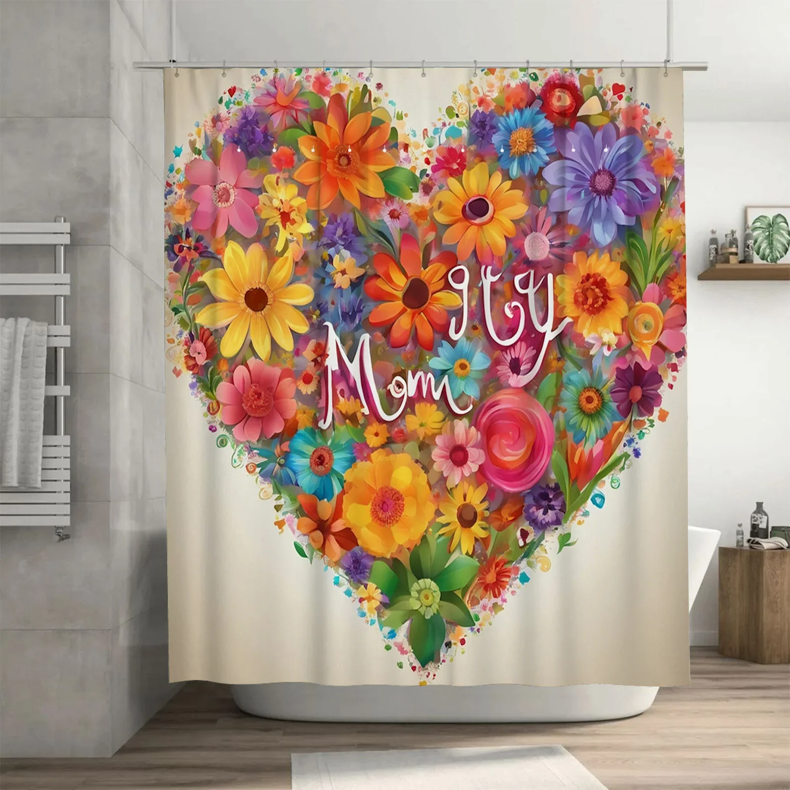 

Красочный цветочный дизайн в виде сердца с текстом «Мама», водонепроницаемая занавеска для душа для современного декора ванной комнаты, стильный и прочный