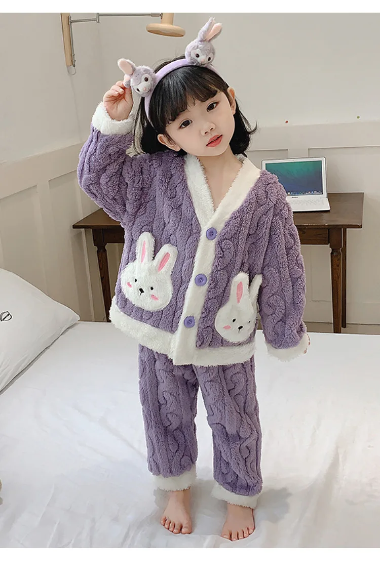 Herbst-Winter-Kleinkind-Mädchen-Flanell-Pyjama-Sets Kinder Süßer Hase Verdickte Warme Strickjacke+Hose 2-teiliges Baby-Loungewear-Outfit – Detail 9