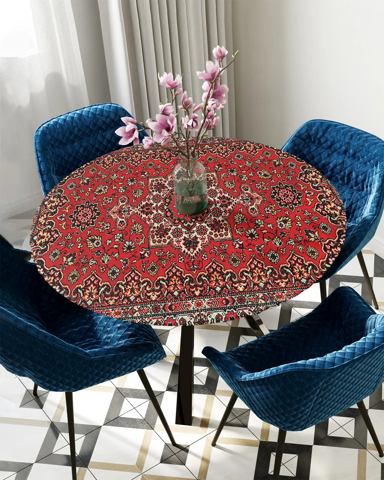 Retro Texture Round Tablecloth Elastic Table Cover Indoor Outdoor Waterproof Dining Table Decoration Accessorie