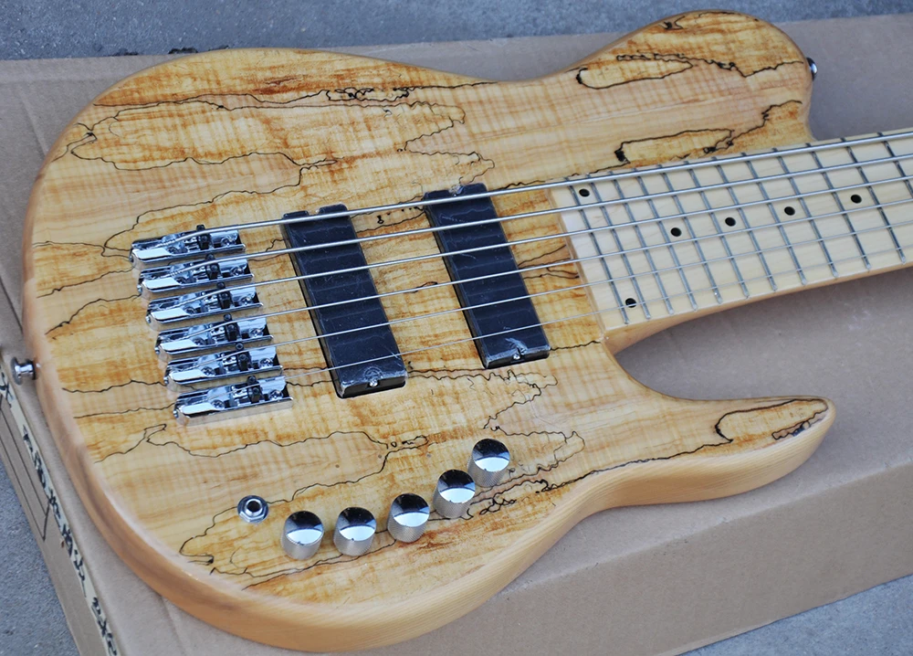 6 Strings Neck-thru-body Electric Bass Guitar with Spalted Maple Veneer,Active Circuit,24 Frets,Maple Fretboard