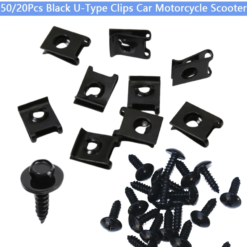 50/20Pcs Black U-Type Clips Car Motorcycle Scooter Moped Cover Metal Retainer Self-tapping Bumper Fastener Anti-rust Clip Backup