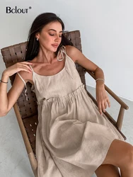 Bclout Summer Khaki Linen Dress Women Elegant Spaghetti Strap A-Line Loose Dresses Fashion Ruched Lace-Up Sexy Mini Dresses 2024