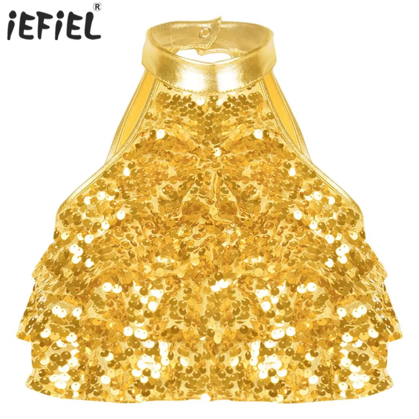 Kids Girls Halter Sequins Crop Tops Sleeveless Mock Neck Tiered Backless Sleeveless Vest Top for Latin Jazz Dance Competition