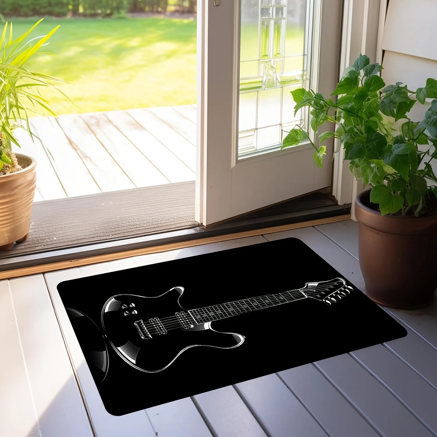 Cool Electric Guitar Flannel Rug Black Musical Instrument Floor Mat Soft Non-slip Area Carpet for Living Room Bedroom Decor