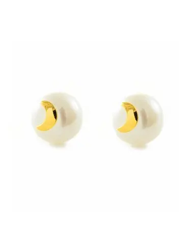 Earrings girl gold 18k Moon Pearl Button 7 mm