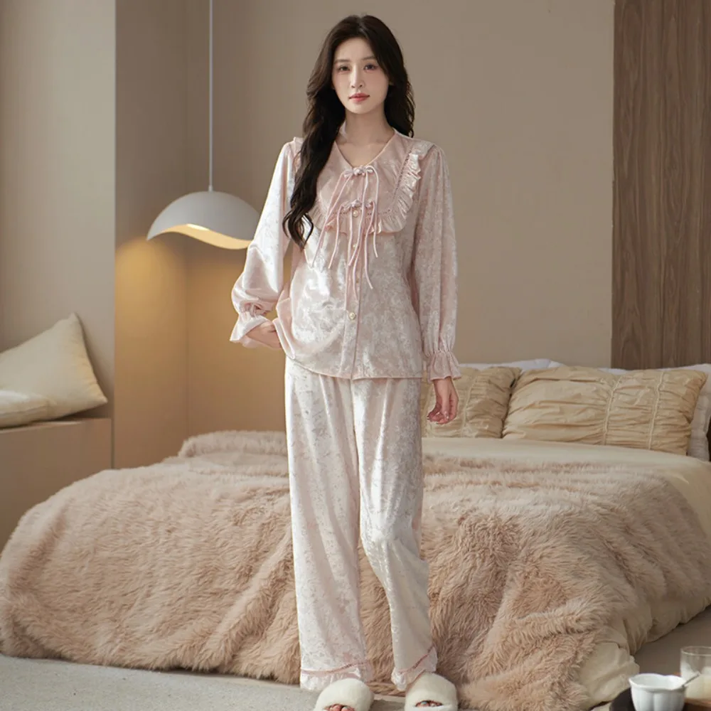 

Новый комплект пижам из 2 предметов для женщин, осенняя новинка 2026 года, женский пижамный комплект с длинным рукавом, мягкая пижама для сна