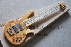 6-string electric bass Delo Guitar Ash wood body Burl flamed top Gold single bridge white shell inlaid active battery