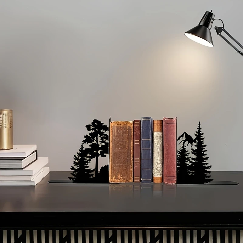 Forest Cutout Bookends, 2-Piece Matte Black Iron Set with Upright Styling for Organized Books on Office Desks and Home Study