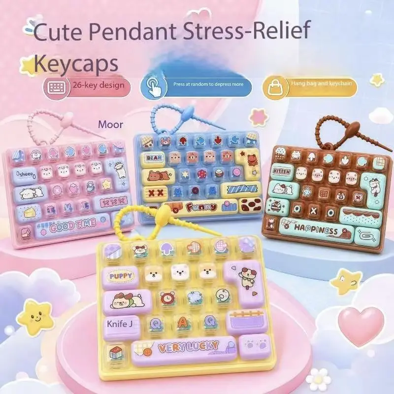New Candy Color Fidget Keycap Clicker Keychain Cute 26 Keys Stress Relief Keyboard Toy Bag Pendant Cartoon Fidget Key Ring