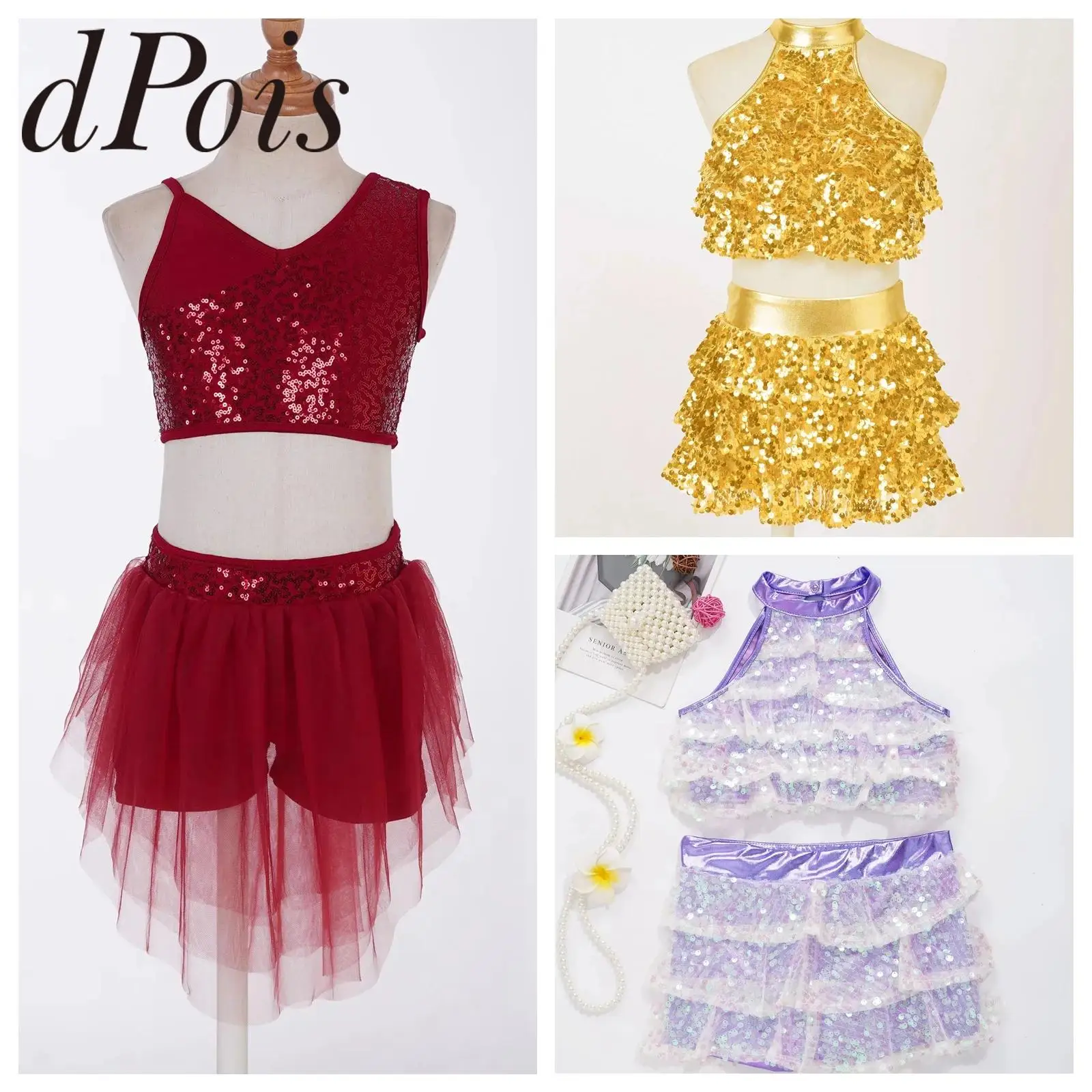 

Kids Shiny Sequin Jazz Dance Costumes Children Ballet Gymnastics Outfits Lyrical Latin Performance Clothes Girls Dancewear Set
