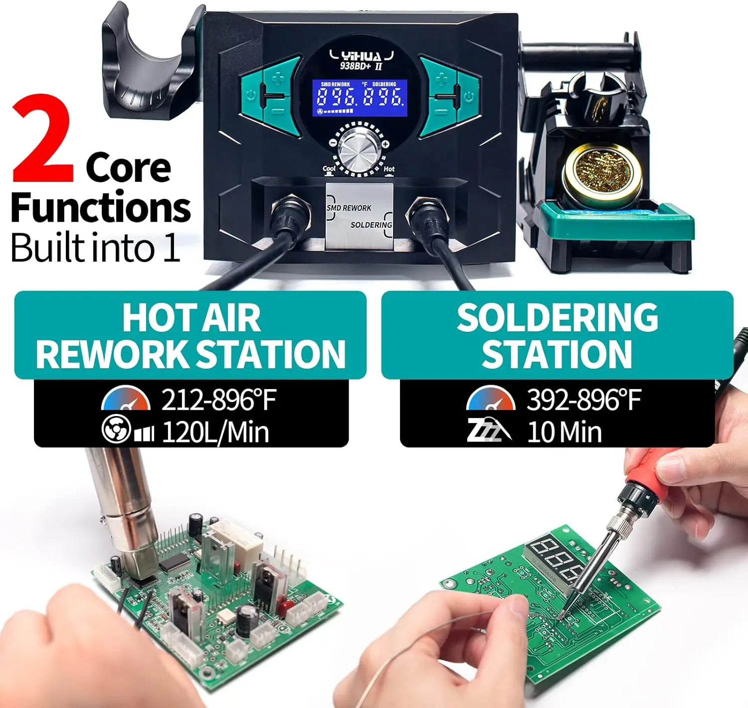 Estação de ferro de solda 938BD+ II com ar quente, modo de suspensão, display de temperatura dupla, 3 pontas, suporte X-2