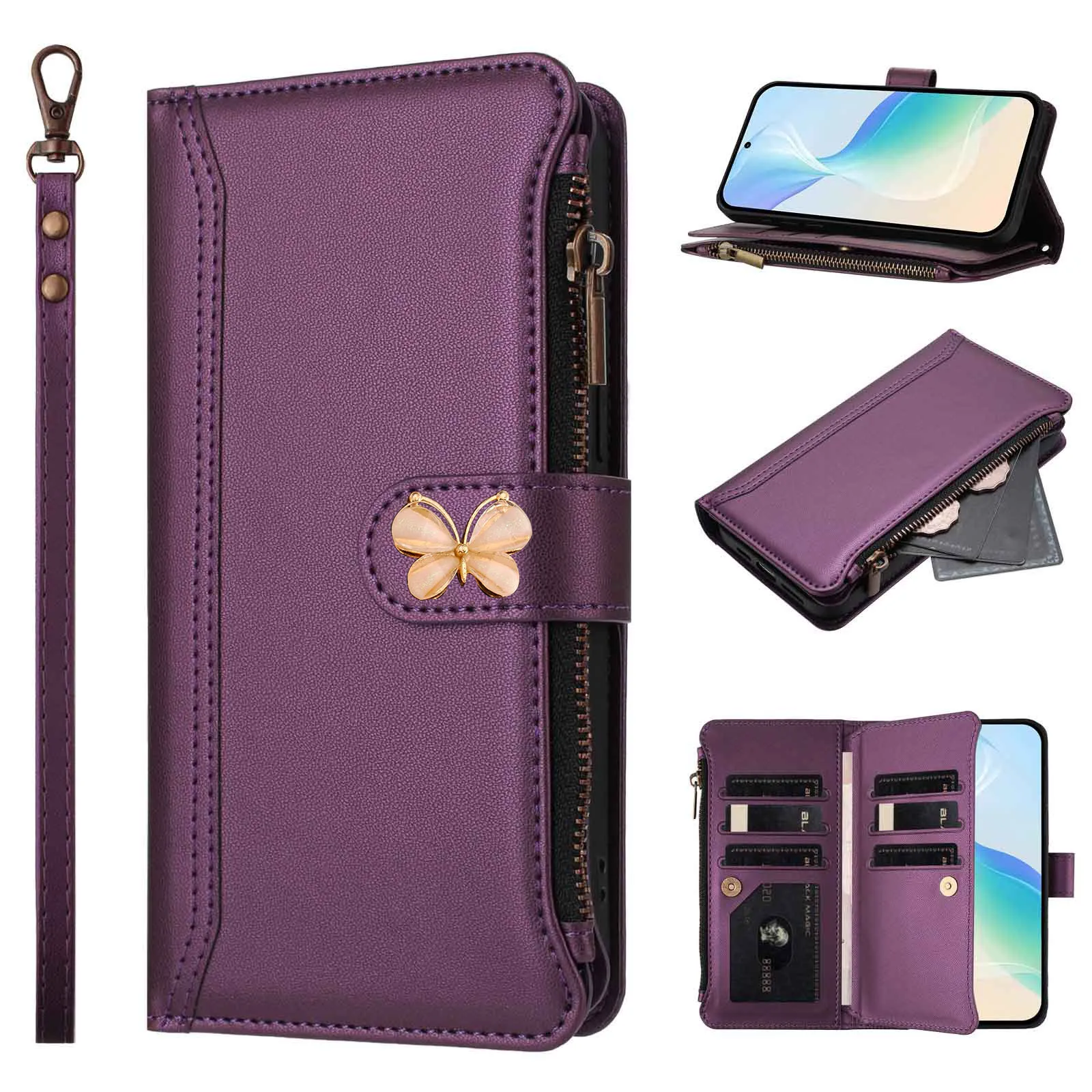 

Чехол-кошелек Mukti с 9 карточками для Honor 400 Pro 300 Ultra 200 Smart 90 Lite 80 GT 70 60 50 SE, откидной чехол с кожаным ремешком через плечо