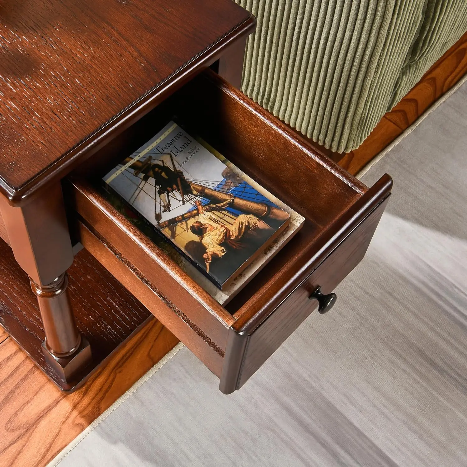 طاولة ذات نهاية ضيقة مع درج ورف، طاولة أريكة رفيعة من الخشب الصلب، 22 بوصة لتر، جوز داكن، مجموعة بدون أدوات #6