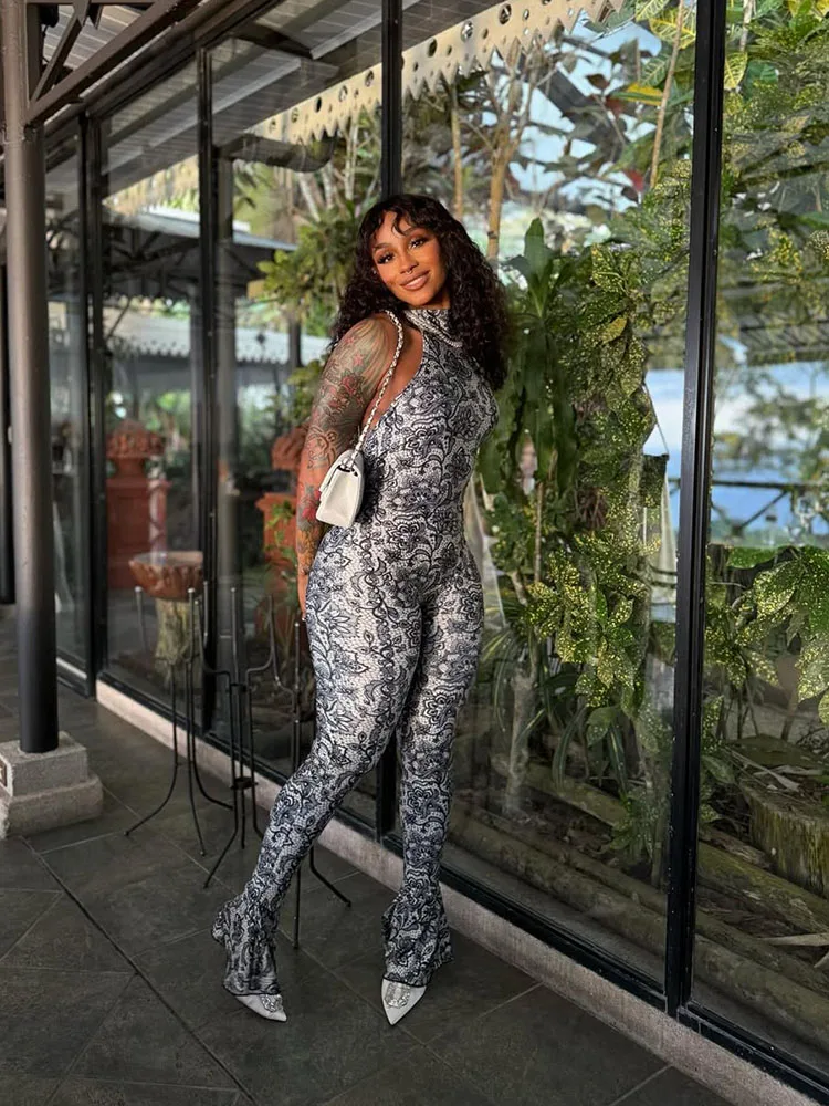 Mono de verano de color melocotón para mujer, mono de calle Sexy sin espalda, sin mangas, apretado, arabescos, de medianoche, de alta estiramiento