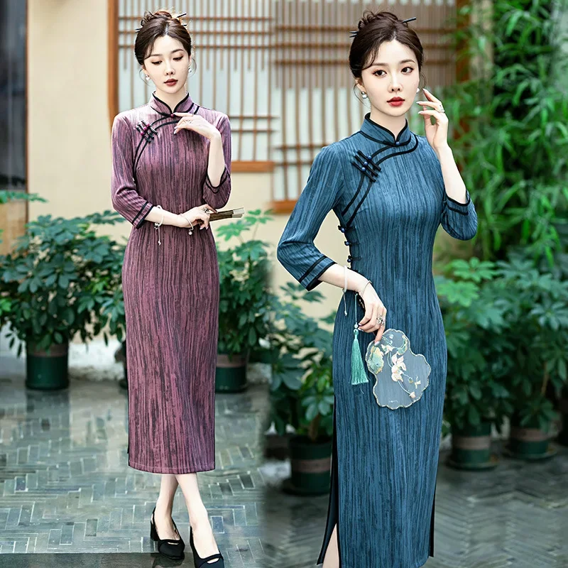 

Striped Chinese Style Improved Cheongsam Women's Retro Slim Long Sleeved Temperament Old Shanghai Spring and Autumn Dress Qipao