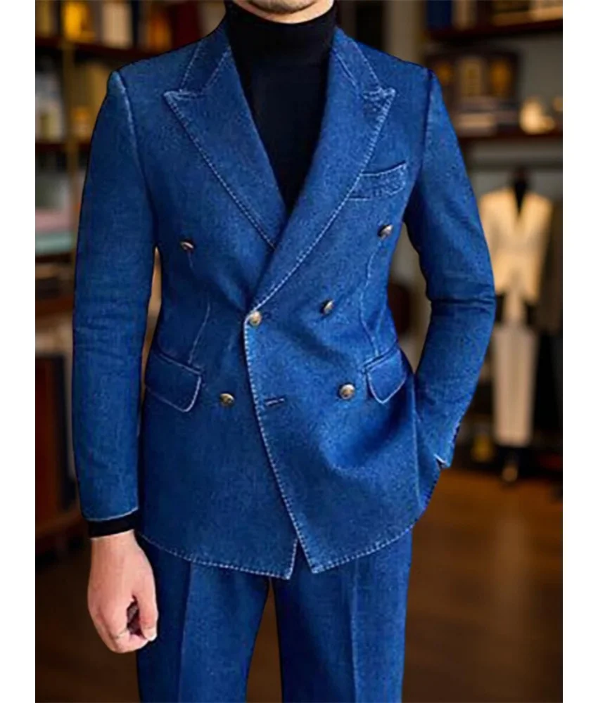 عالية الجودة مزدوجة الصدر الأعمال عادية الراقية الأزرق الدنيم الرجال دعوى قطعتين مجموعة (السترة + السراويل) الرجال المرحلة زي #1