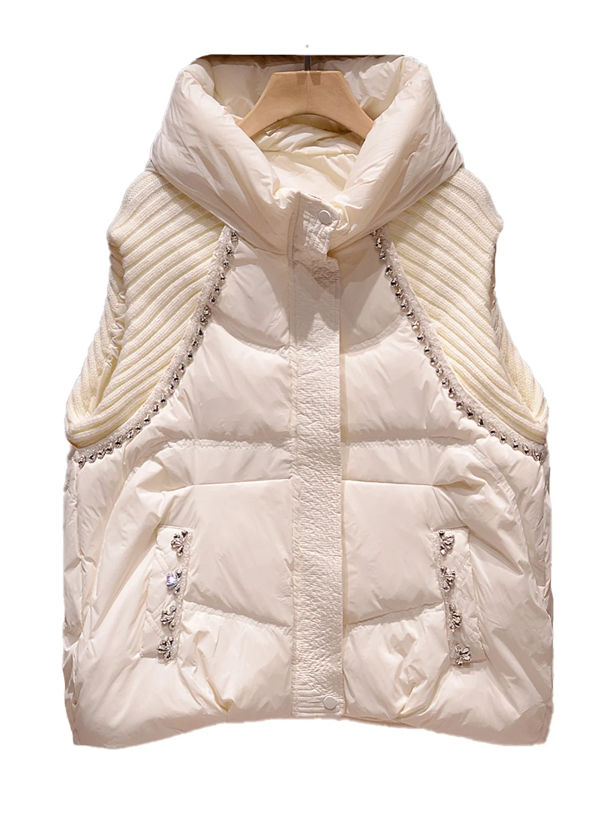 Damska Sensacja Stylu Mała Kamizelka Puchowa Jaet Zimowa Nowość 2025 Z Kapturem, Ozdobiona Diamentami, Odzież Wierzchnia