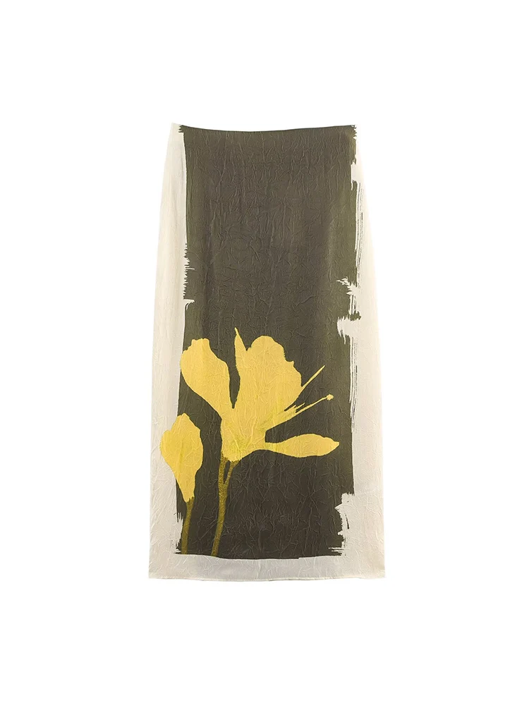 

European and American style autumn new fashion trend women's clothing mid-waist printed wrinkle effect midi skirt