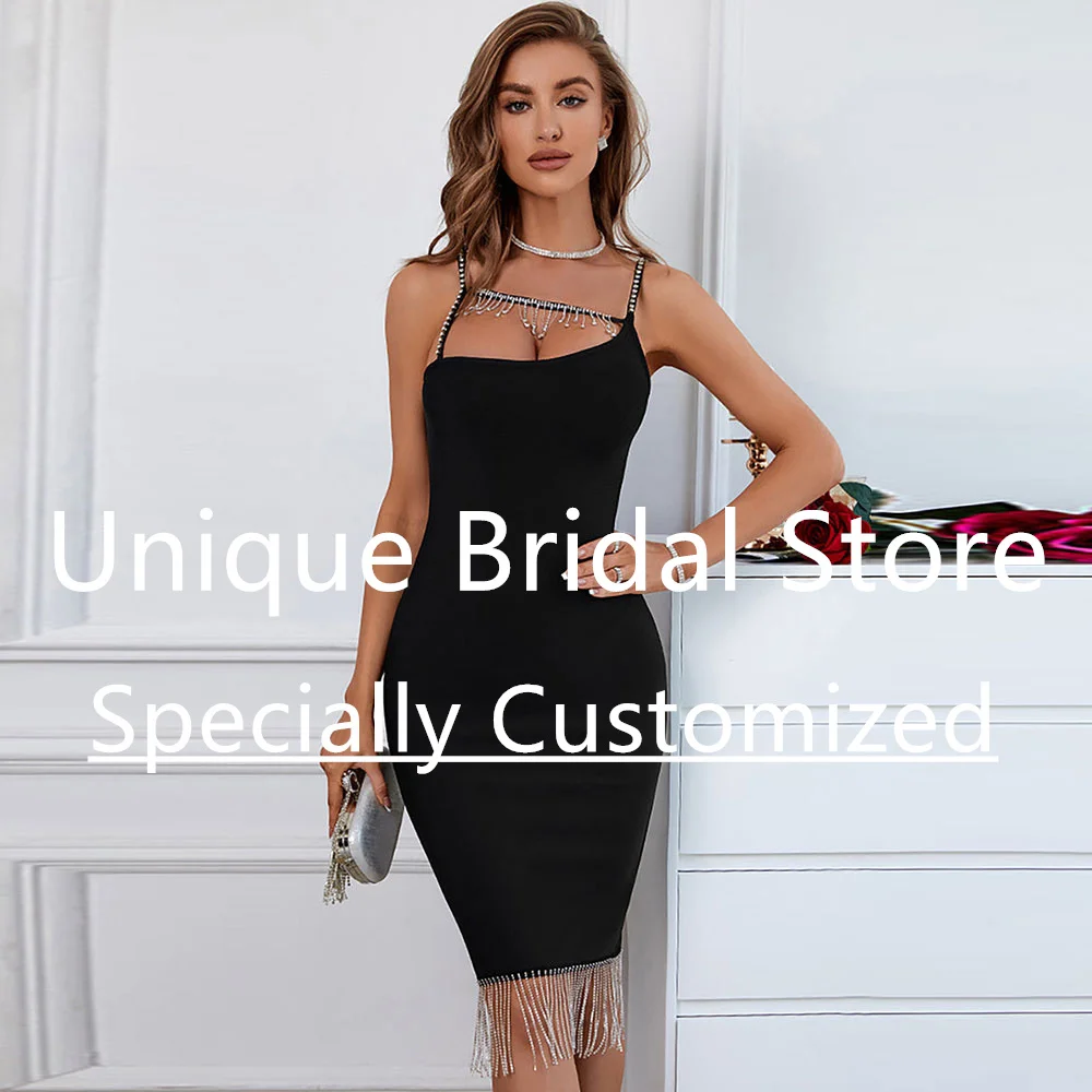 customizedBlack Sexy Cocktail Dress Spaghetti Beading Strap Strapless Backless Back Zipper Jersey Sleeveless Women's Mini Bra Pa