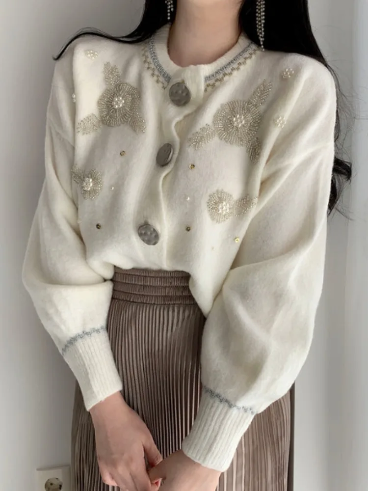 

Retro Chic Embroidered Beaded Sweater High Waist Pleated Skirt Women's Street Sle Spring Autumn Thiened round Ne S...