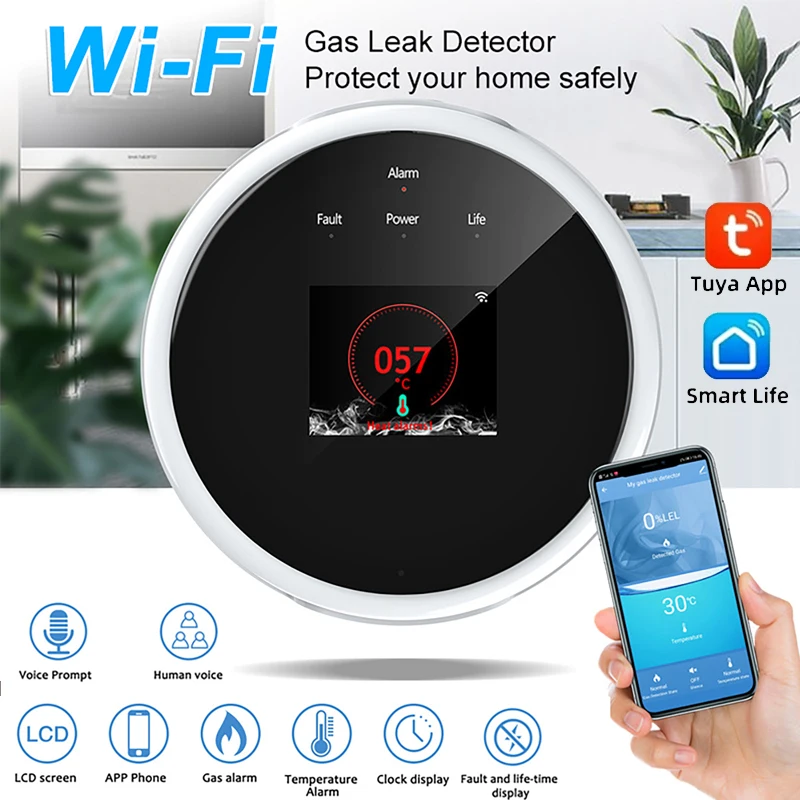 WiFi Natural Gas Sensor Tuya Smart Alarm Gas Leakage Detector Fire Security Digital LCD Temperature Display For Home Kitchen