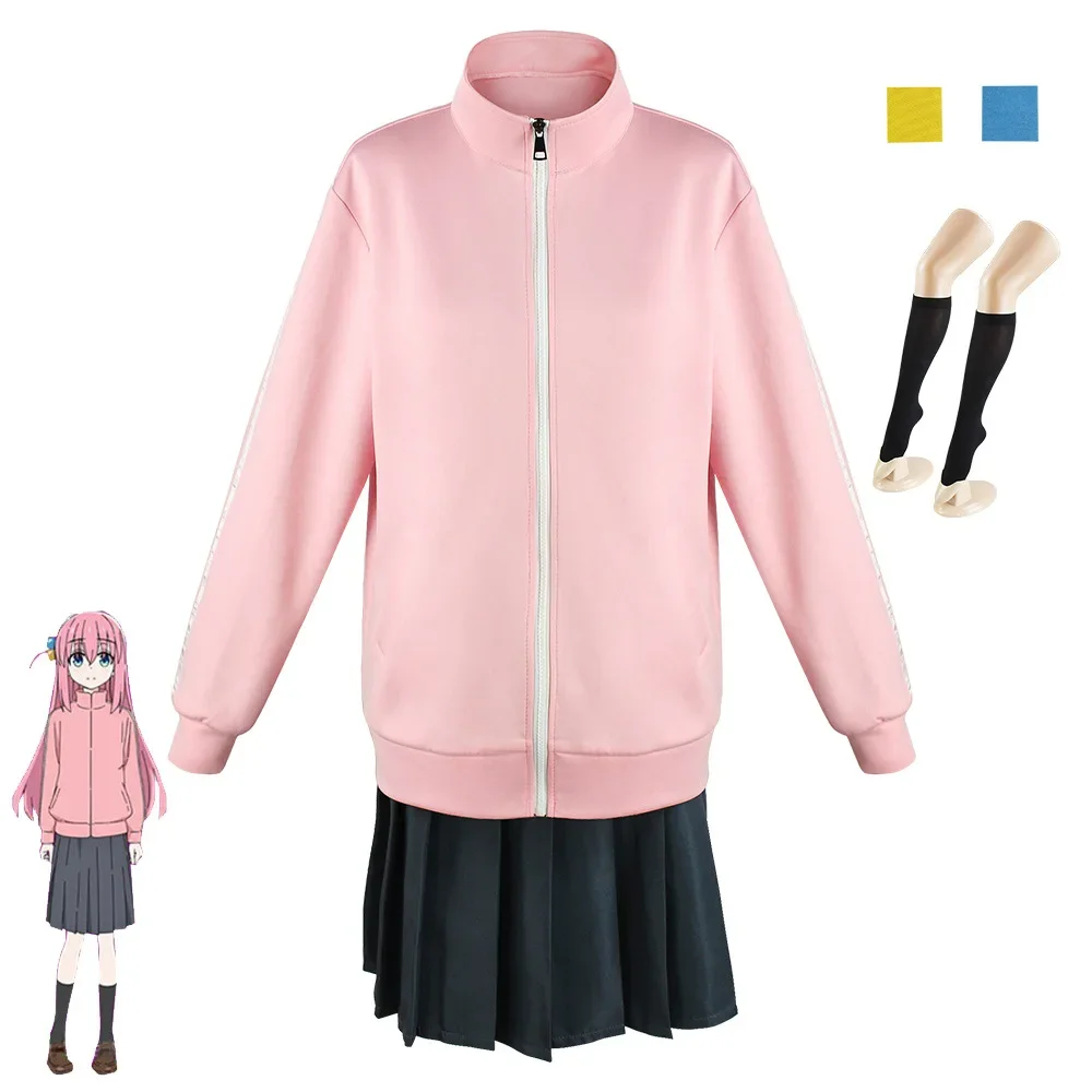 

Gotou Hitori Cosplay Costume Bocchi The Rock Cosplay Ryou Yamada Nijika Ijichi JK Uniform Pink Jacket Skirt Wig Halloween Outfit